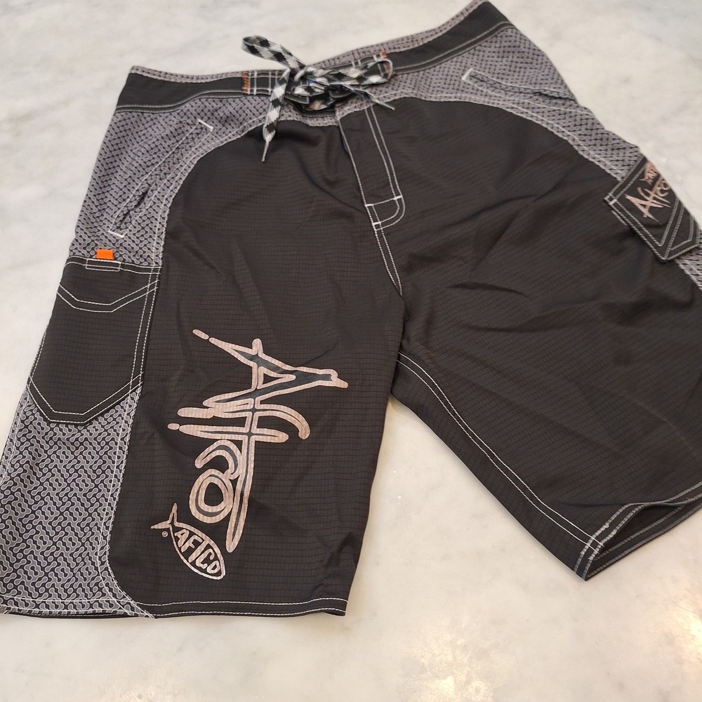 AFTCO Board Shorts Mens 32 Black Ripstop Fishing Swim Trunks Cargo Pockets Surf